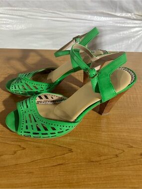 Restricted Bright Green Laser-Cut Ankle-Strap Heels